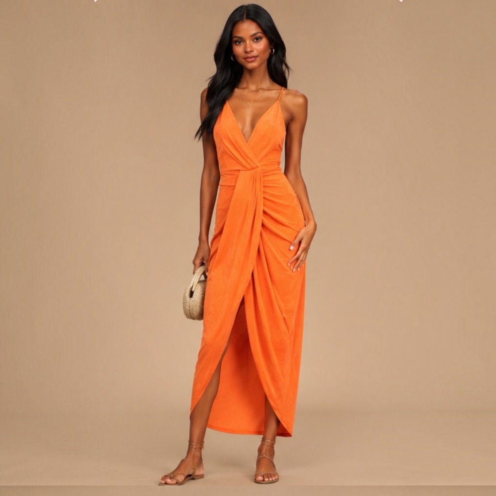 Lulus Dreamy Date Orange Surplice Midi Dress M Ruched Plunge Wedding Resort